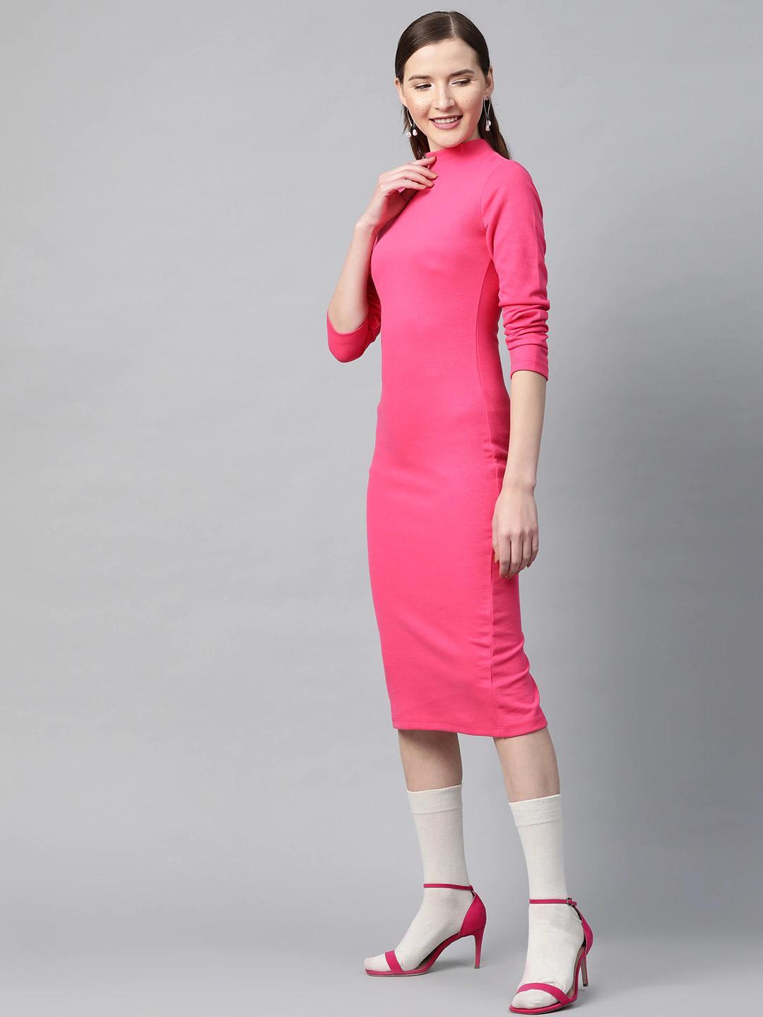Women's Fuchsia Rib Full Sleeve Bodycon Dress