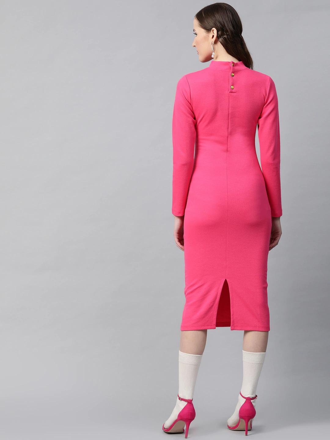 Women's Fuchsia Rib Full Sleeve Bodycon Dress