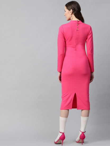 Women's Fuchsia Rib Full Sleeve Bodycon Dress