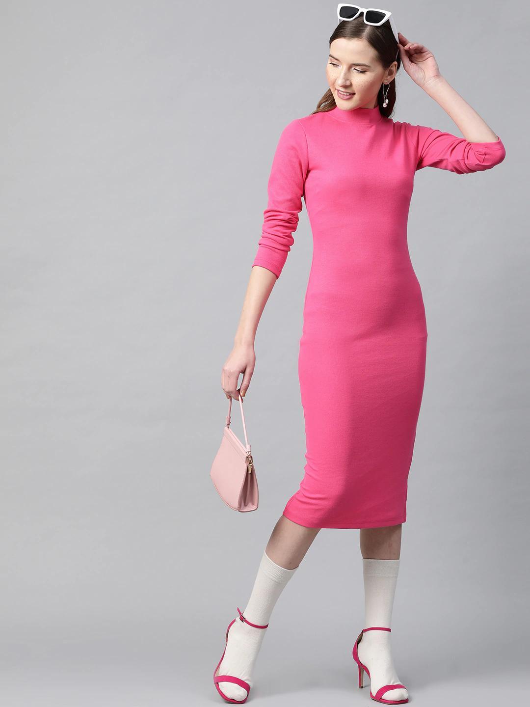 Women's Fuchsia Rib Full Sleeve Bodycon Dress