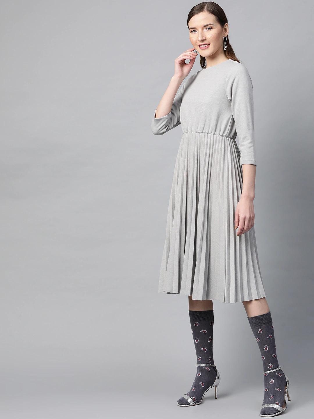 Women's Grey Rib Pleated Skater Dress