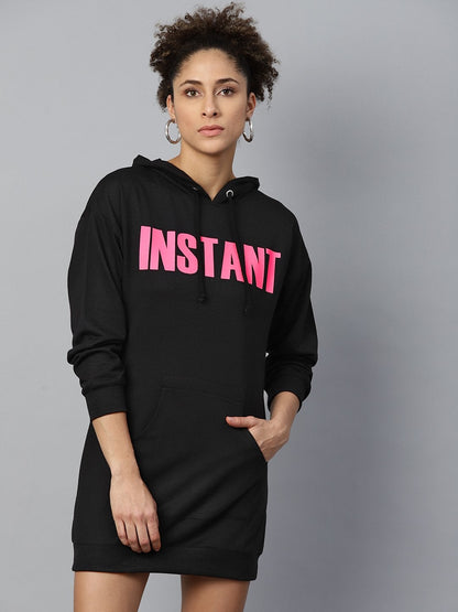 Women's Black Terry Instant-Print Hoodie Sweat Dress
