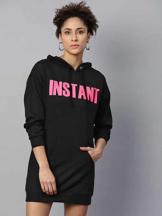 Women's Black Terry Instant-Print Hoodie Sweat Dress