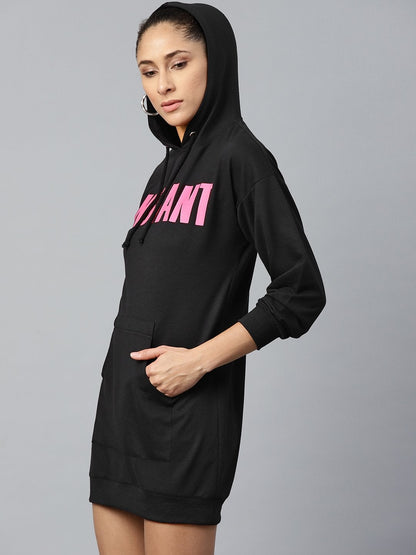 Women's Black Terry Instant-Print Hoodie Sweat Dress