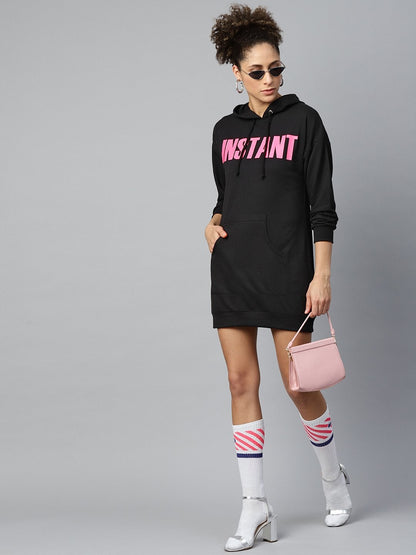 Women's Black Terry Instant-Print Hoodie Sweat Dress