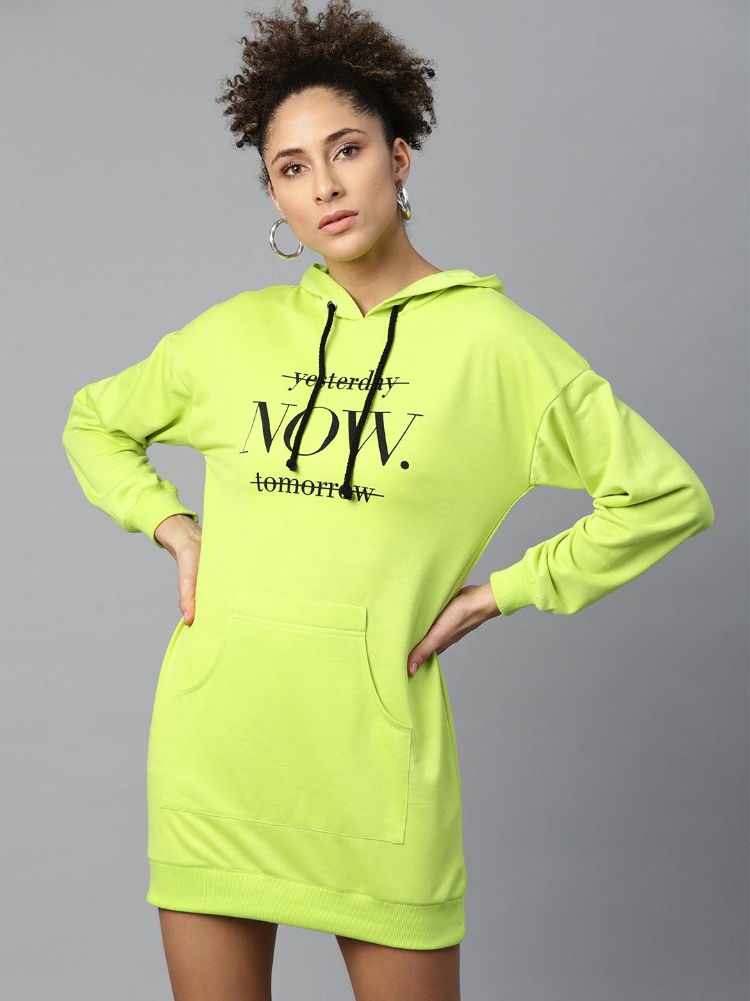Women's Neon Green Now-Print Terry Hoodie Sweat Dress