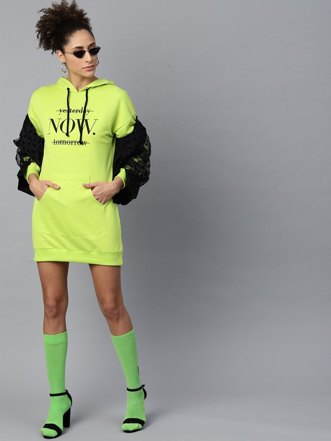 Women's Neon Green Now-Print Terry Hoodie Sweat Dress