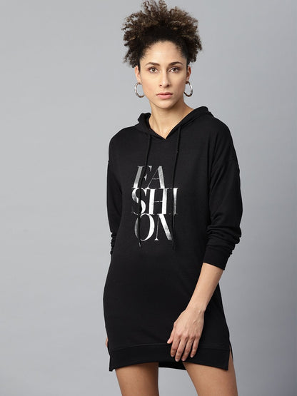 Women's Black Terry Fashion-Print Hoodie Sweat Dress