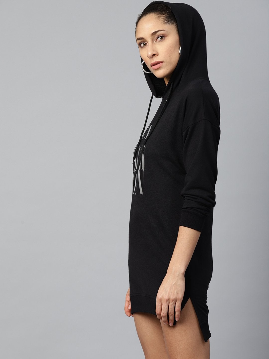 Women's Black Terry Fashion-Print Hoodie Sweat Dress
