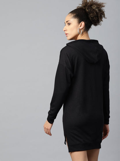 Women's Black Terry Fashion-Print Hoodie Sweat Dress