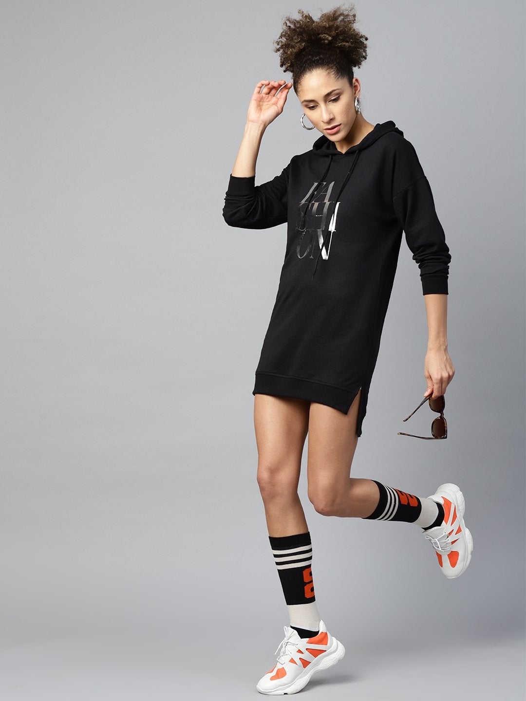 Women's Black Terry Fashion-Print Hoodie Sweat Dress