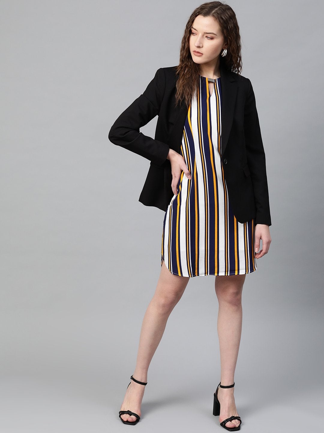 Women's Mustard Navy Stripe Shift Dress