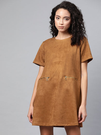 Women's Brown Suede A-Line Dress