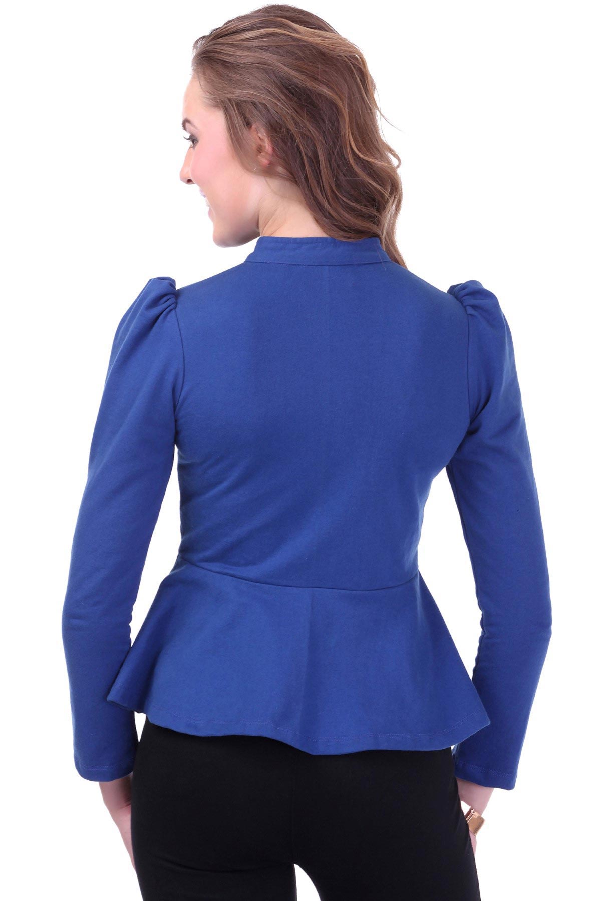 Women's Turtle Neck Blue Peplum Terry Jacket