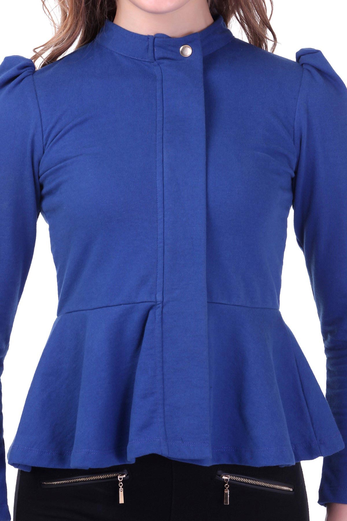Women's Turtle Neck Blue Peplum Terry Jacket