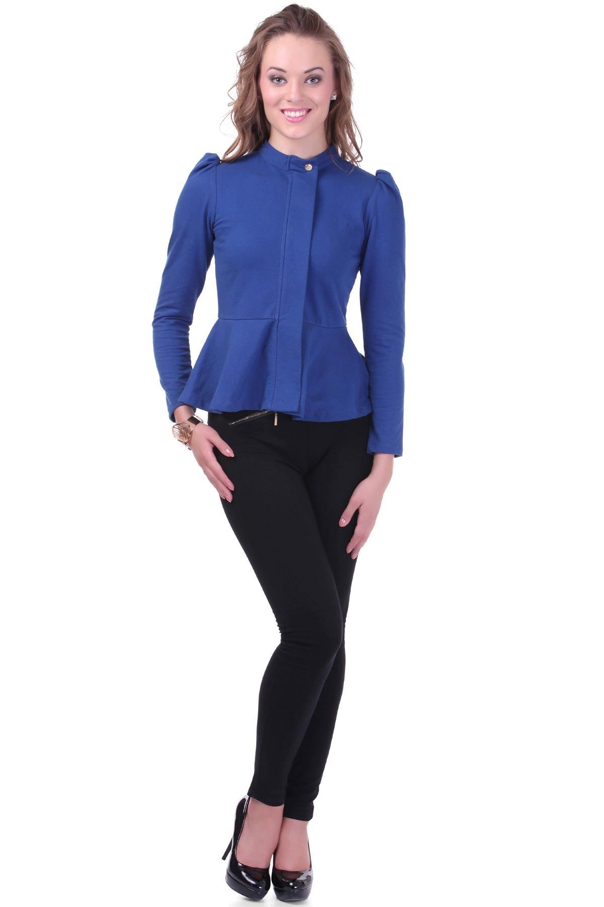 Women's Turtle Neck Blue Peplum Terry Jacket