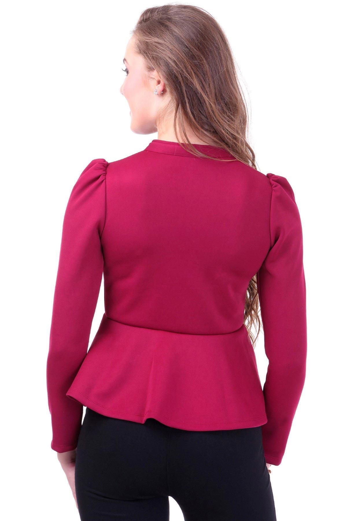 Women's Turtle Neck Maroon Peplum Terry Jacket