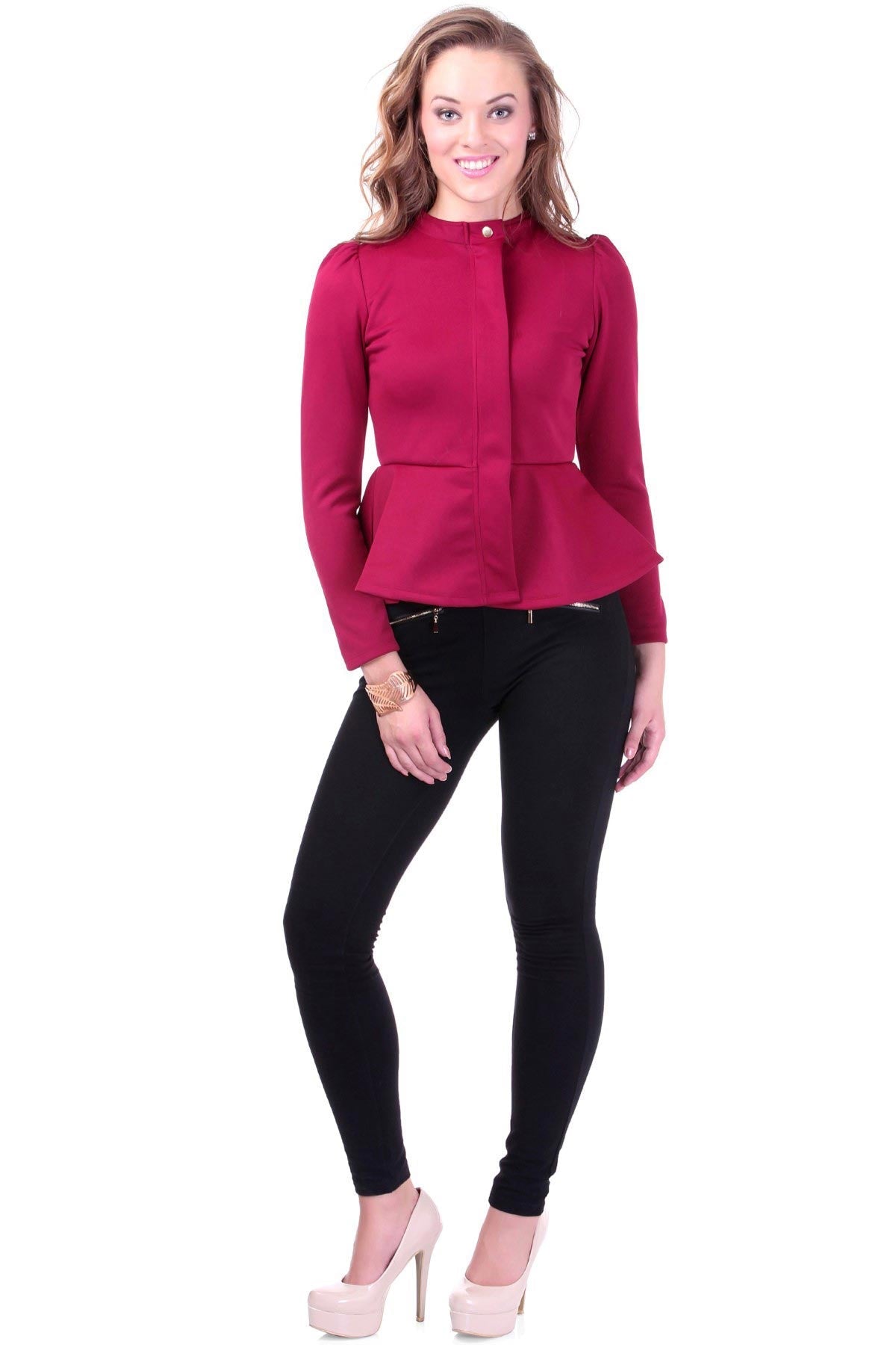 Women's Turtle Neck Maroon Peplum Terry Jacket