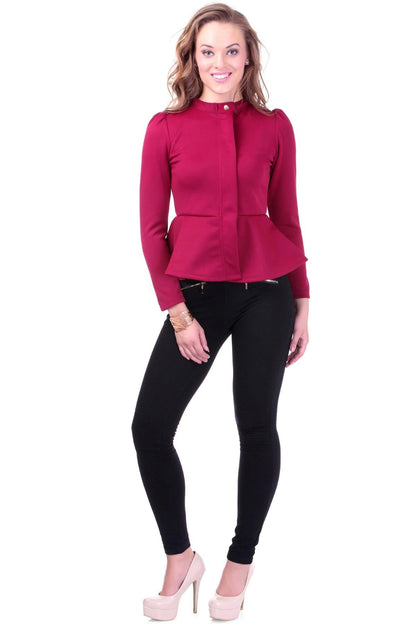 Women's Turtle Neck Maroon Peplum Terry Jacket