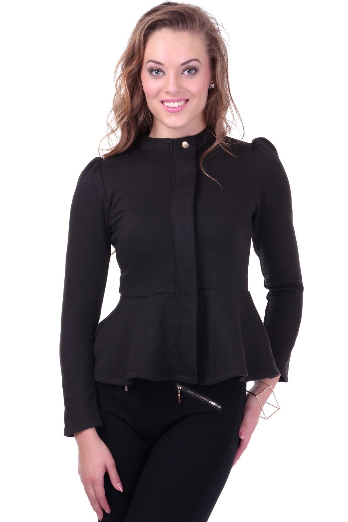 Women's Turtle Neck Black Peplum Terry Jacket