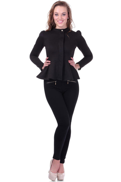 Women's Turtle Neck Black Peplum Terry Jacket