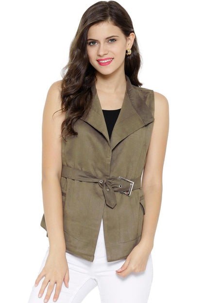 Women's Suede Sleeveless Green Trench Coat
