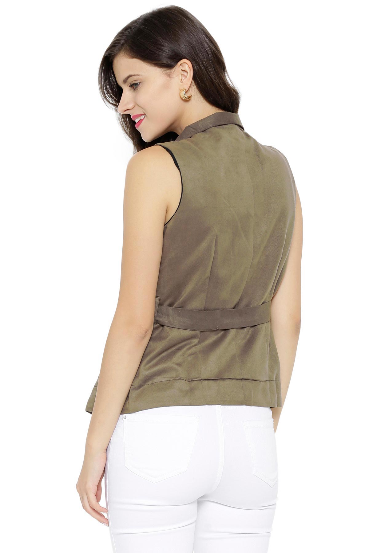 Women's Suede Sleeveless Green Trench Coat