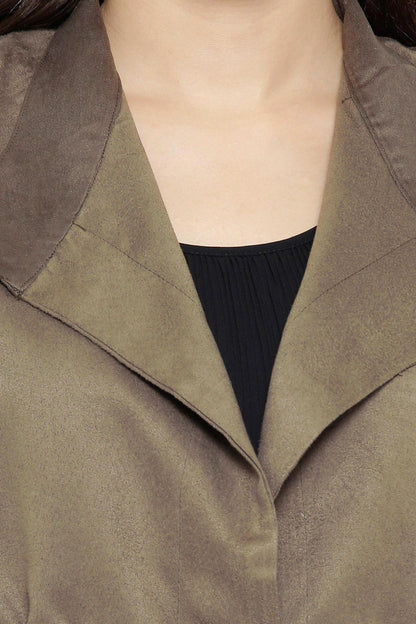Women's Suede Sleeveless Green Trench Coat
