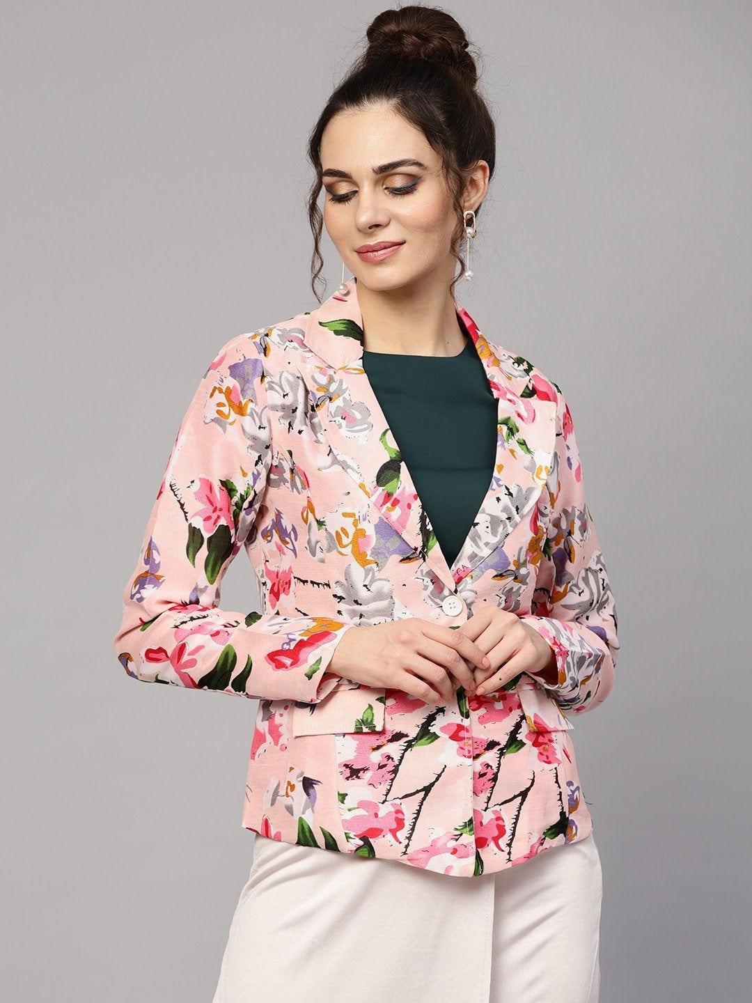 Women's Pink Floral Notched Collar Blazer