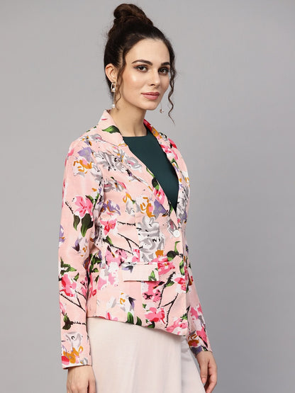 Women's Pink Floral Notched Collar Blazer