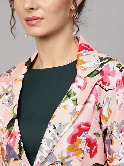 Women's Pink Floral Notched Collar Blazer
