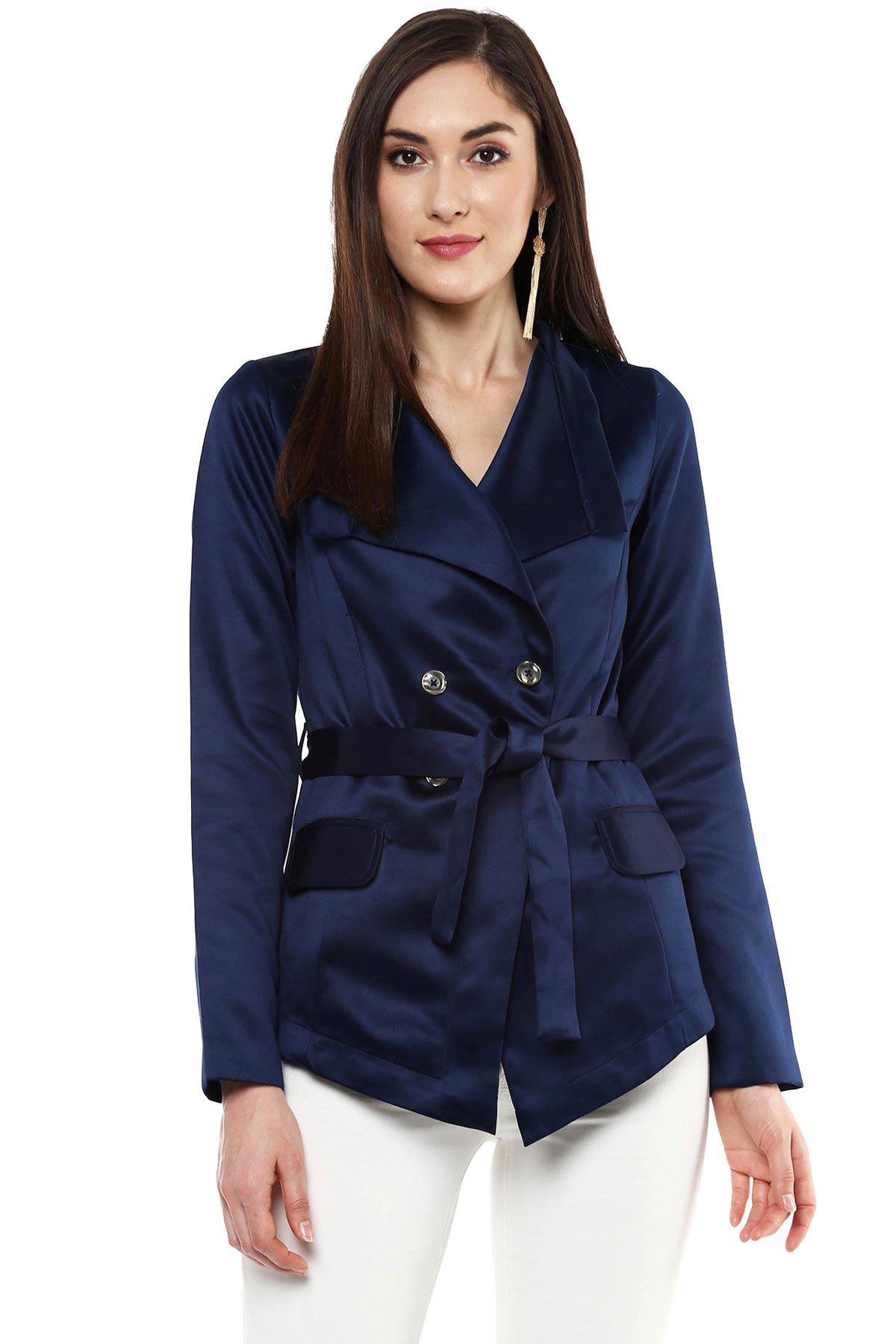 Women's Shawl Collar Navy Belted Jacket