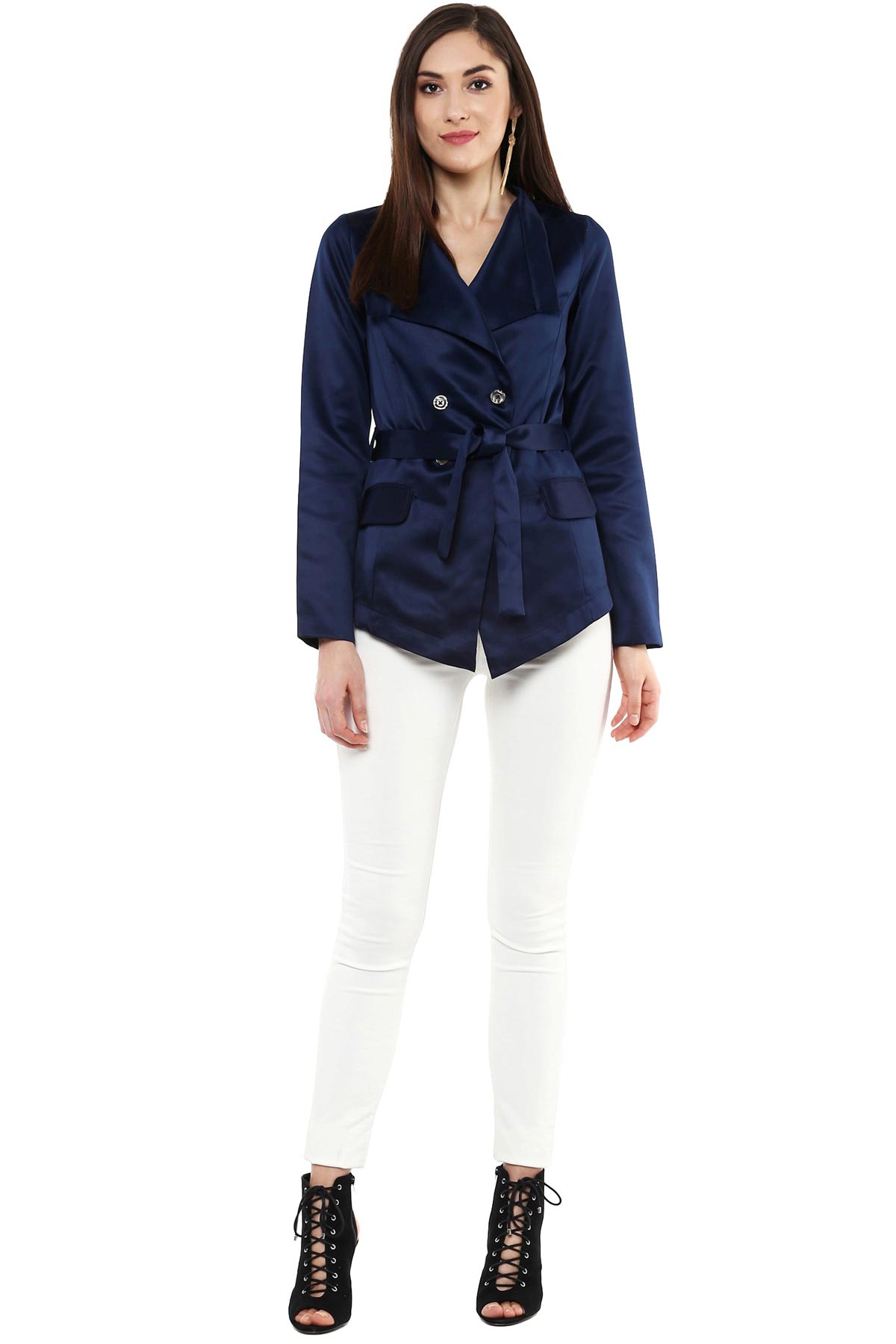 Women's Shawl Collar Navy Belted Jacket