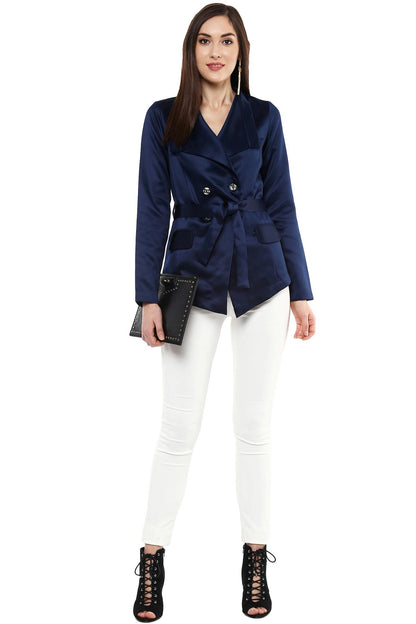 Women's Shawl Collar Navy Belted Jacket