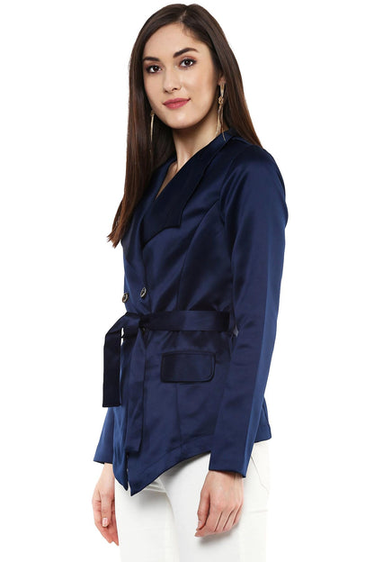 Women's Shawl Collar Navy Belted Jacket
