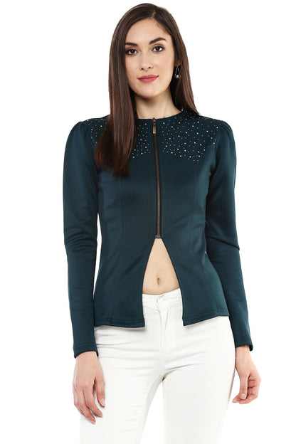 Women's Bottle Green Crystal Studded Jacket