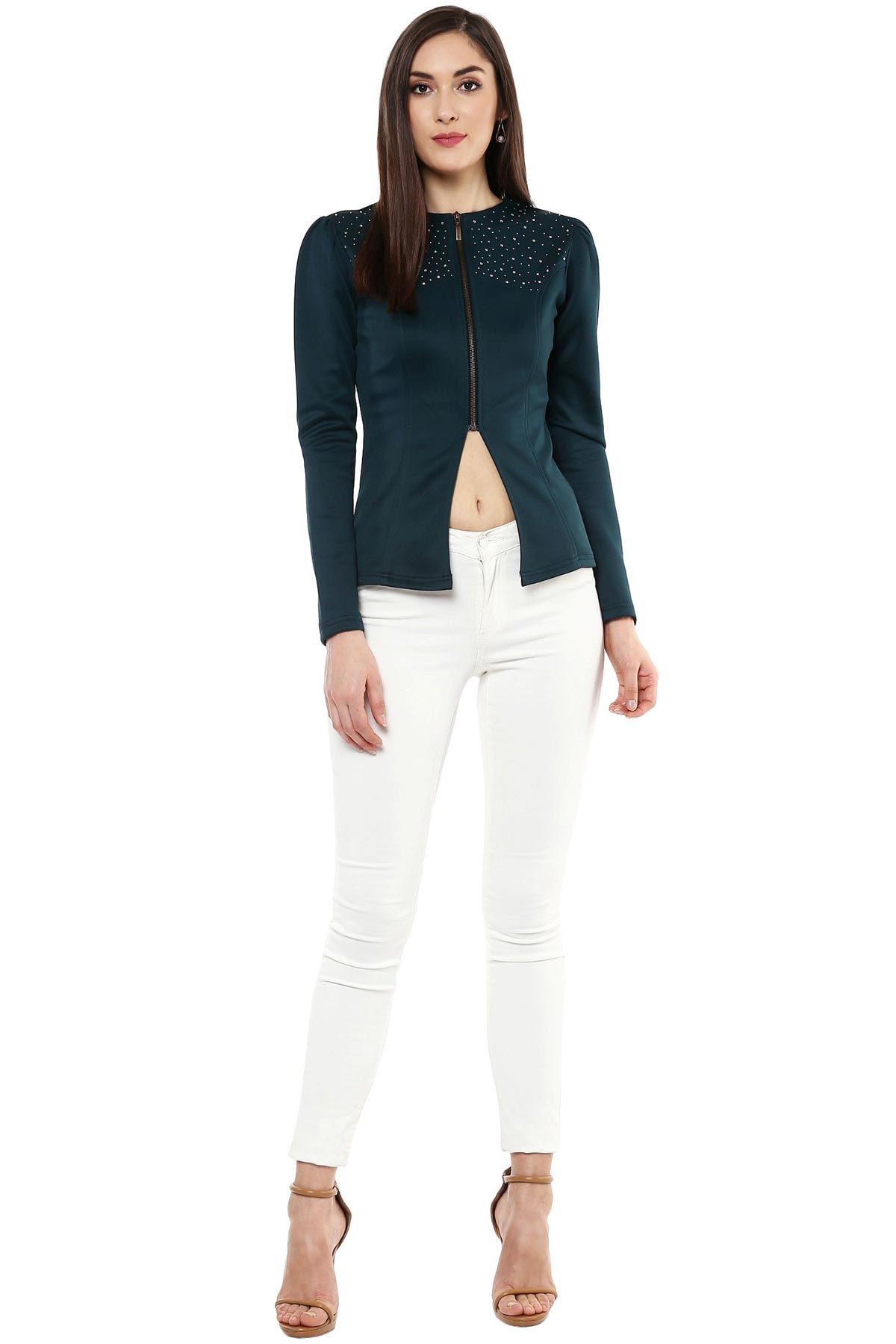 Women's Bottle Green Crystal Studded Jacket
