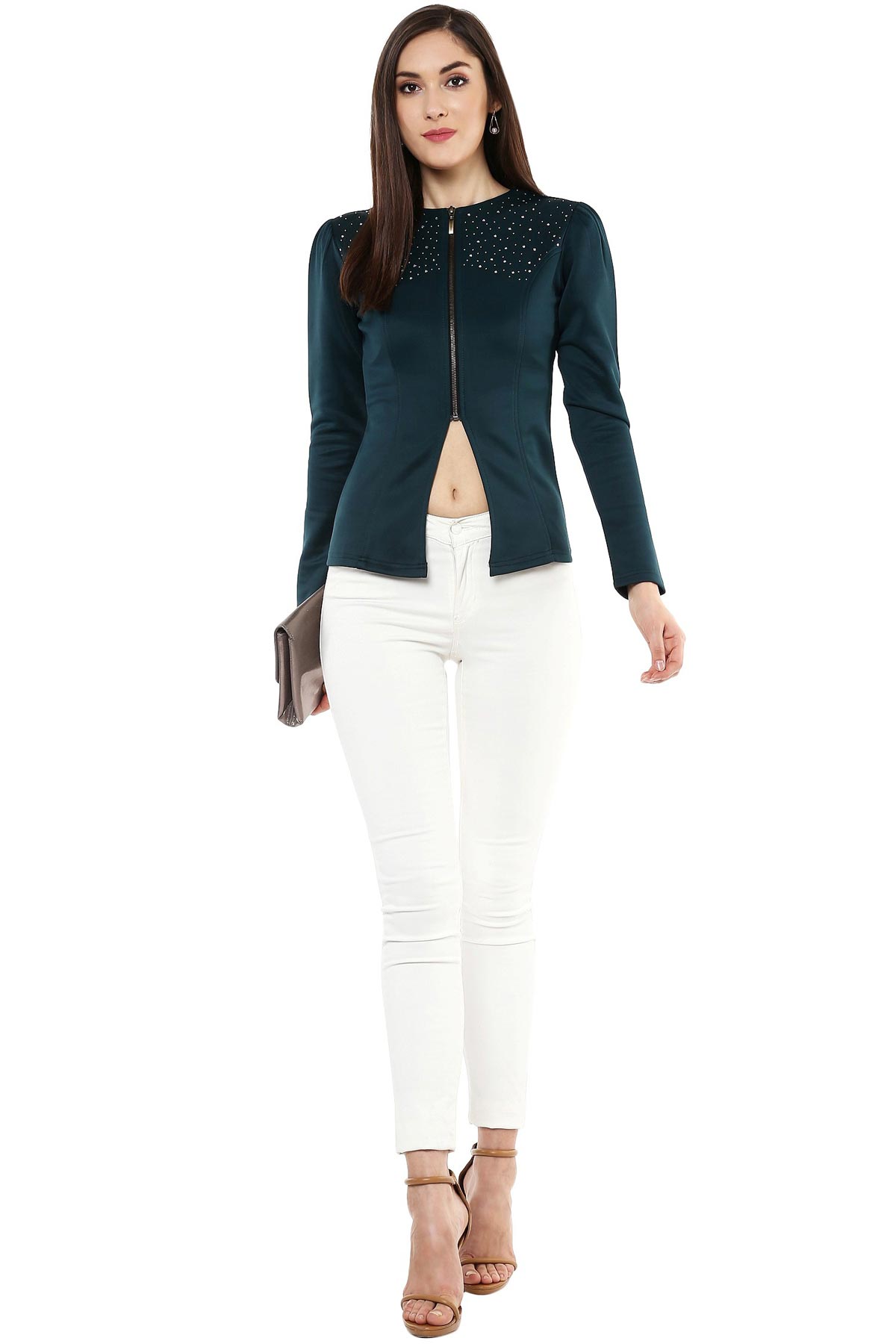 Women's Bottle Green Crystal Studded Jacket