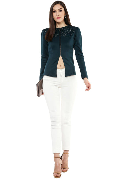 Women's Bottle Green Crystal Studded Jacket