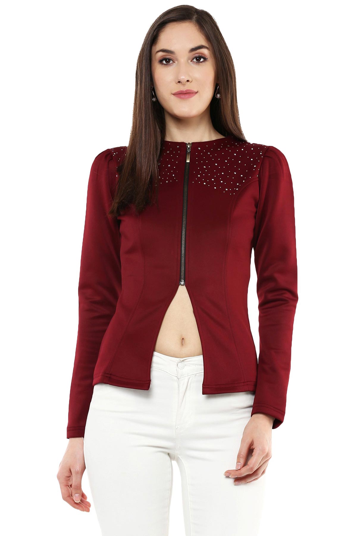 Women's Maroon Crystal Studded Jacket