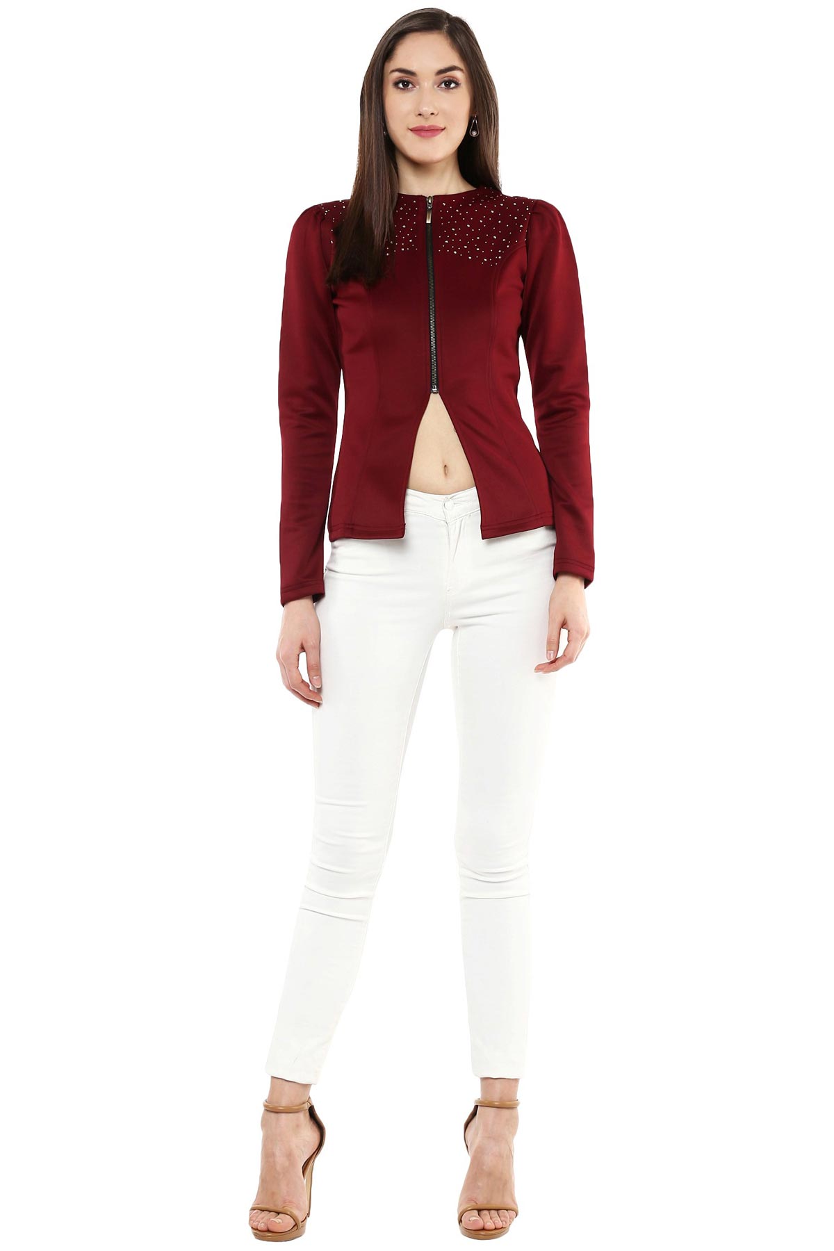 Women's Maroon Crystal Studded Jacket