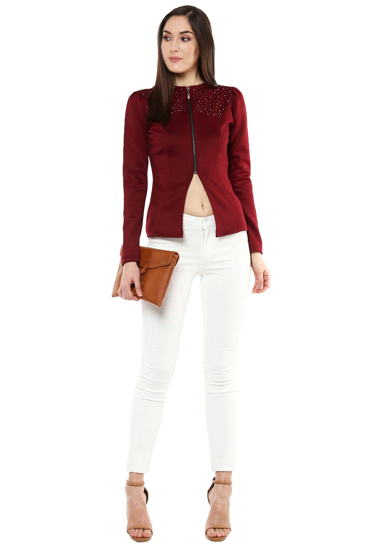 Women's Maroon Crystal Studded Jacket