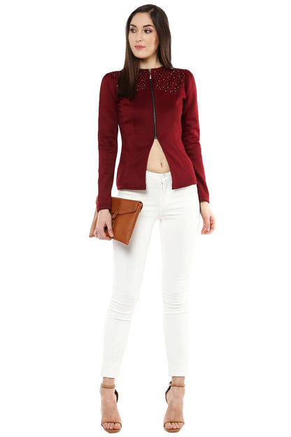 Women's Maroon Crystal Studded Jacket