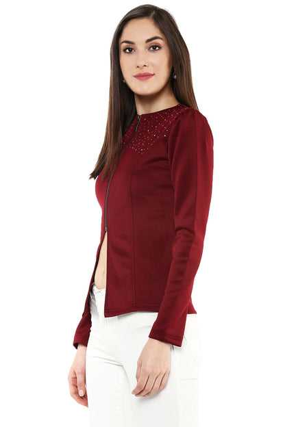 Women's Maroon Crystal Studded Jacket