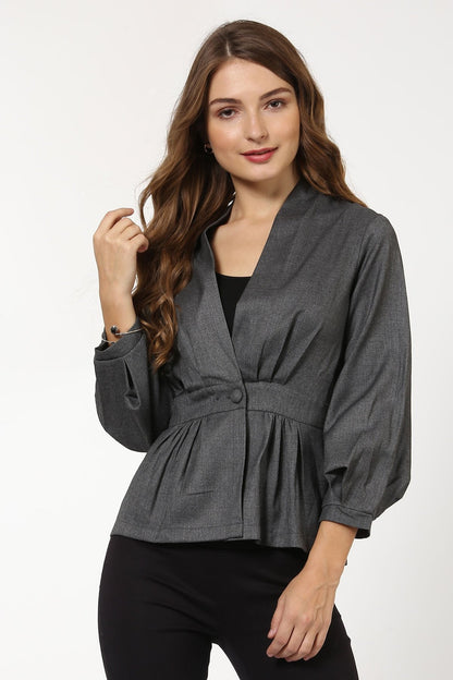 Women's Grey Peplum Balloon Sleeve Blazer
