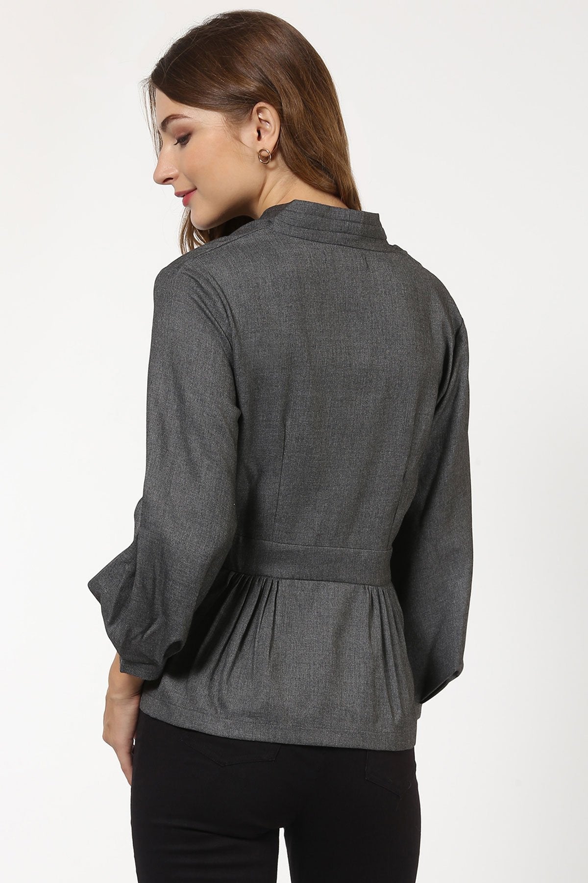 Women's Grey Peplum Balloon Sleeve Blazer