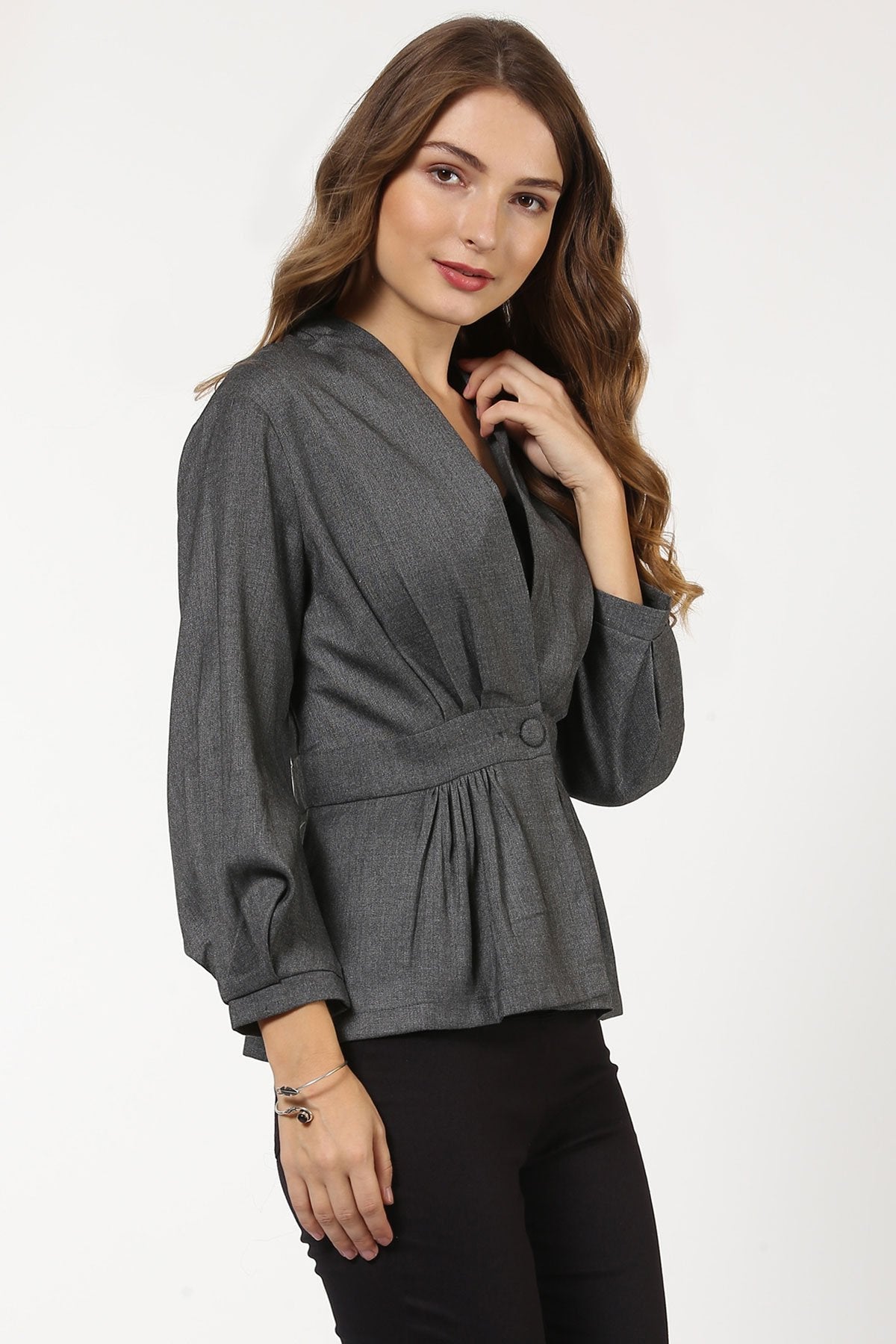 Women's Grey Peplum Balloon Sleeve Blazer