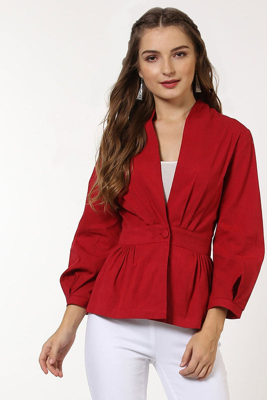 Women's Red Peplum Balloon Sleeve Blazer