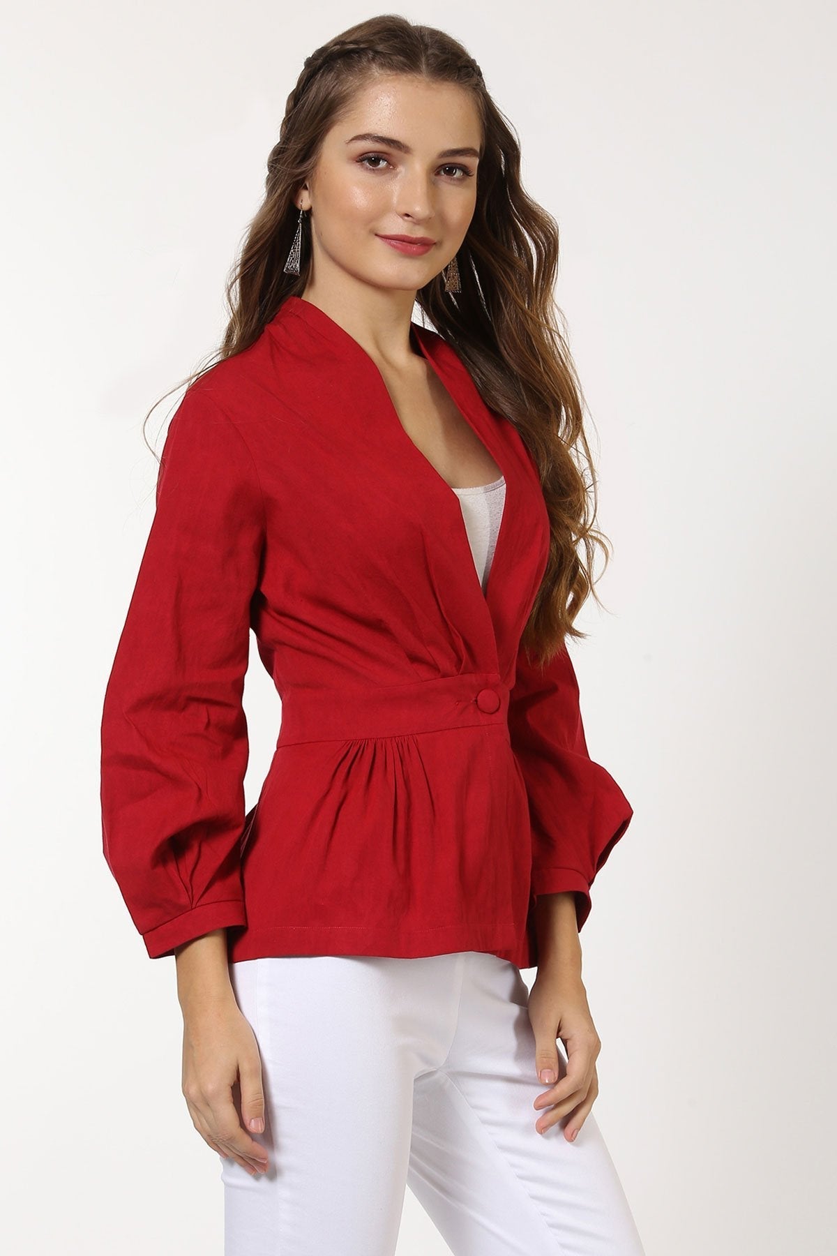 Women's Red Peplum Balloon Sleeve Blazer