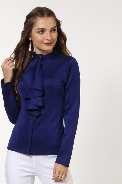 Women's Indigo Scuba Ruffle Placket Jacket